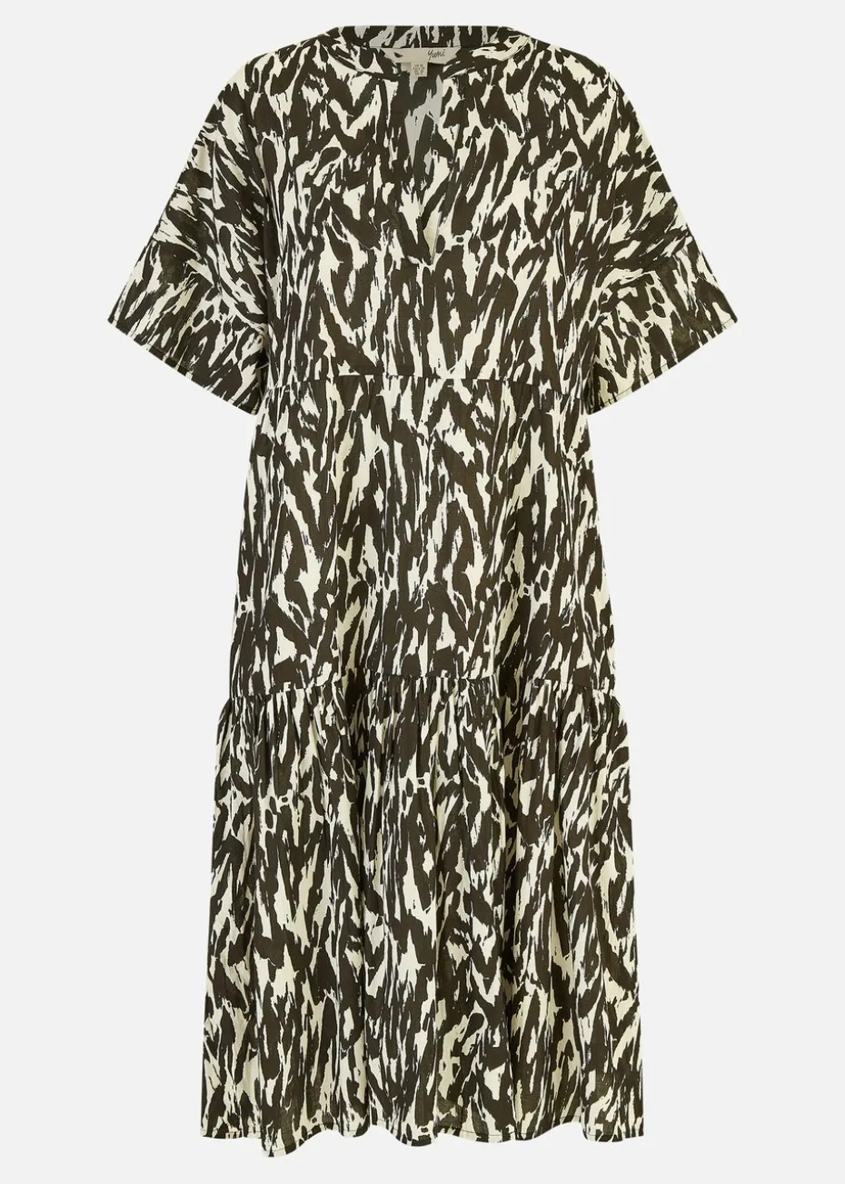 Yumi Black Organic Cotton Animal Print Tiered Tunic Dress