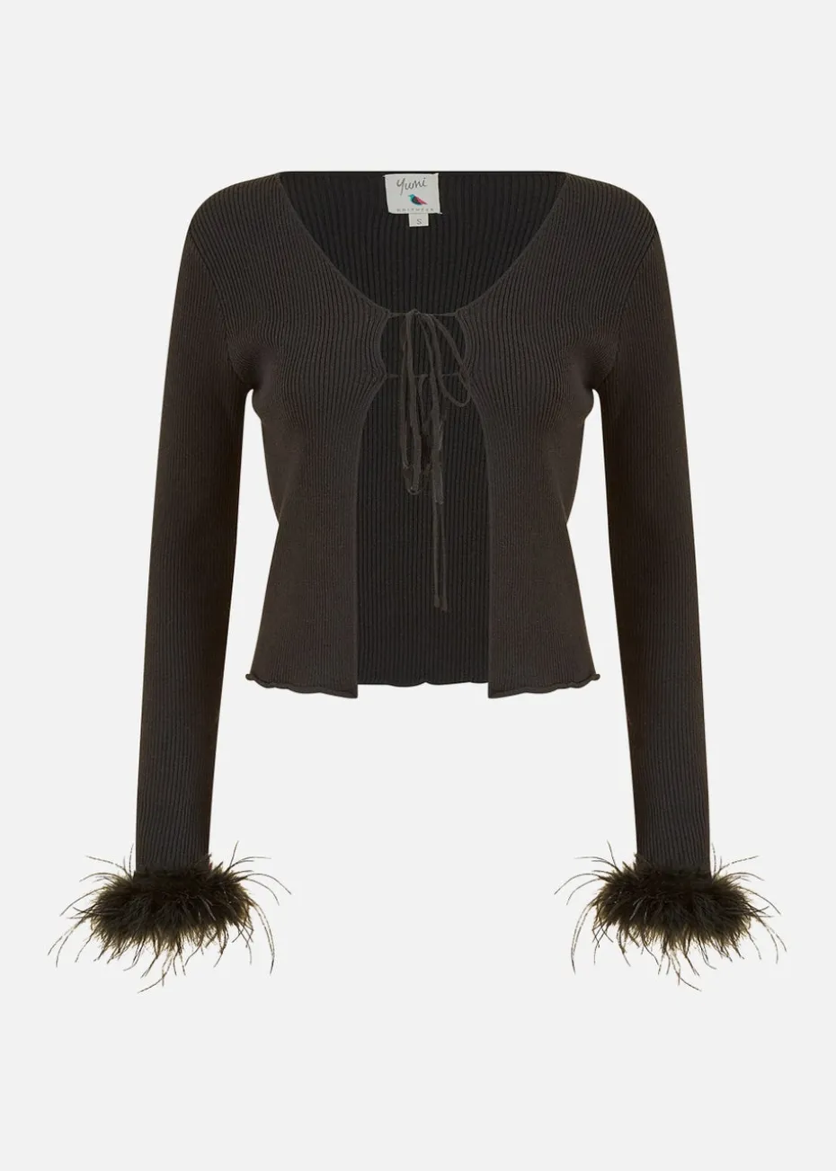 Yumi Black Ribbed Bolero With Feather Cuffs