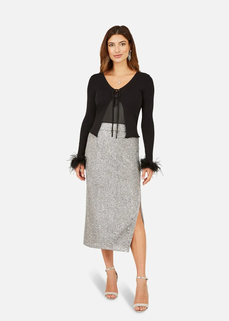 Yumi Black Ribbed Bolero With Feather Cuffs