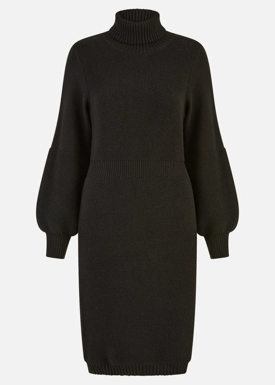 Yumi Black Roll Neck Knitted Dress With Fitted Waist