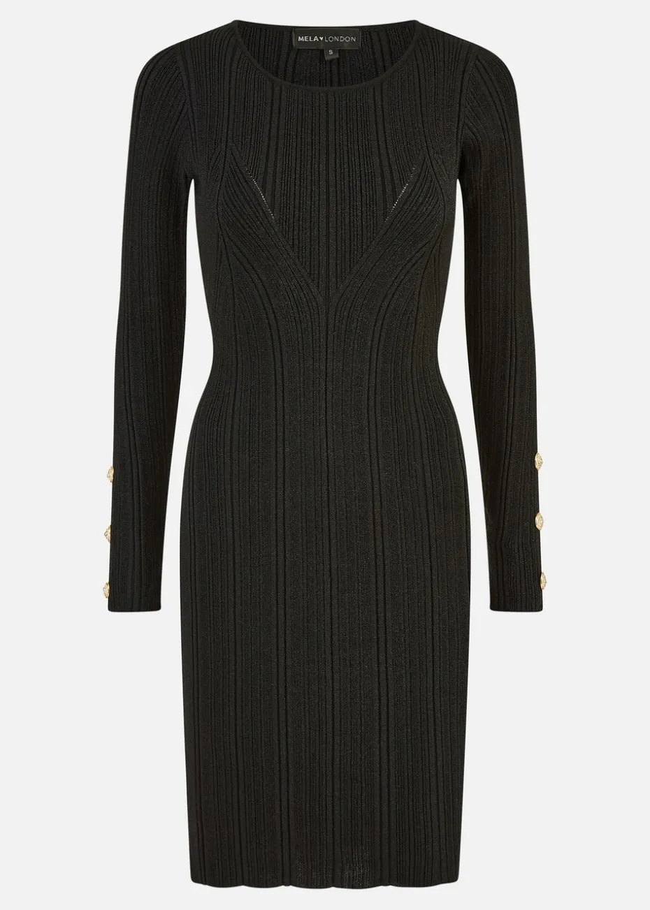 Yumi Black Shimmer Fitted Midi Dress With Button
