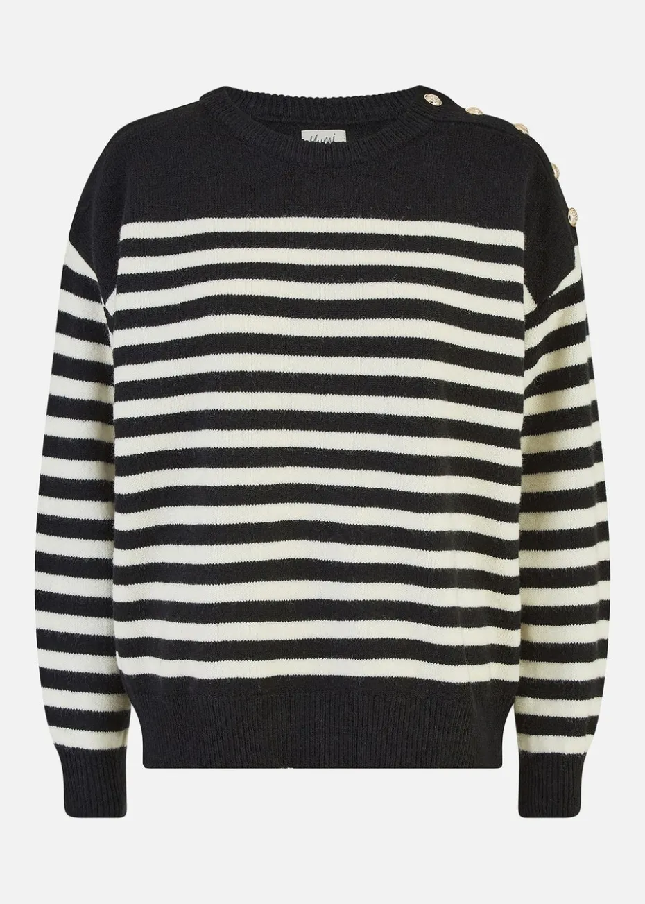 Yumi Black Stripe Knitted Relaxed Jumper With Button Details