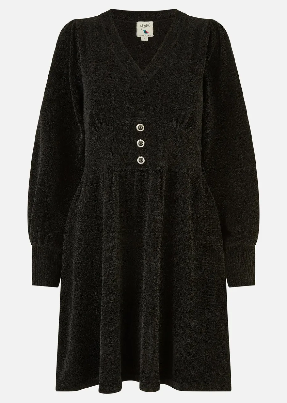 Yumi Black V Neck Empire Line Knitted Skater Dress