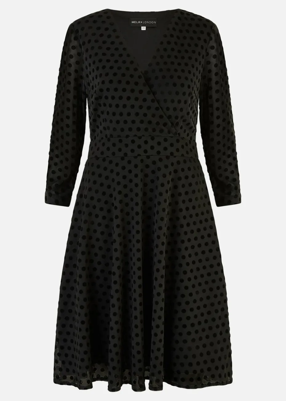 Yumi Black Velour Spot Wrap Skater Dress