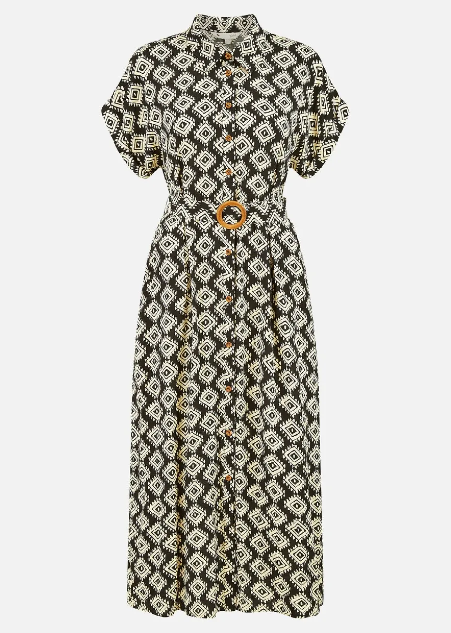 Yumi Black Viscose Midi Shirt Dress With Matching Belt