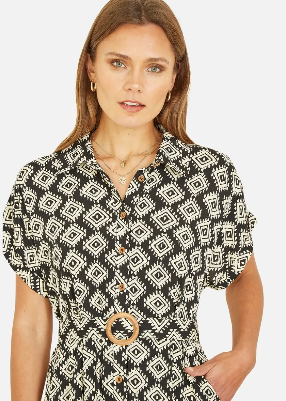 Yumi Black Viscose Midi Shirt Dress With Matching Belt