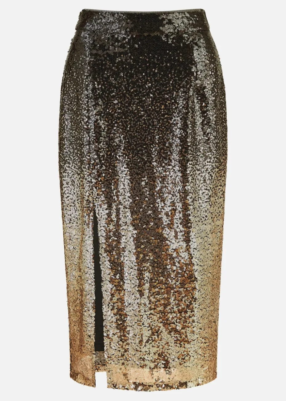 Yumi Black/Gold Sequin Split Fitted Midi Skirt