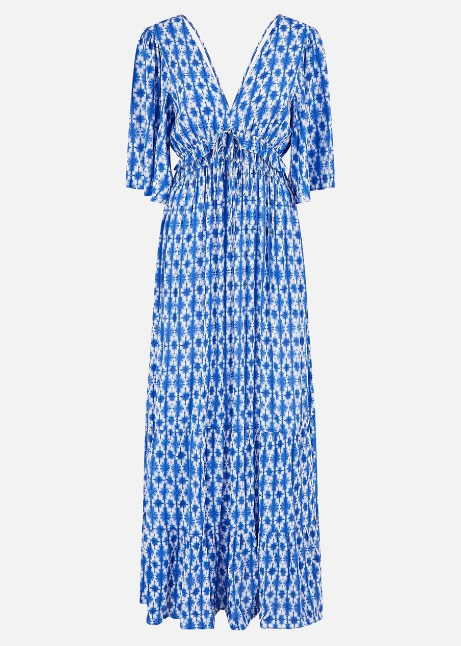 Yumi Blue Aztec Print Maxi Dress With Cross Over Back
