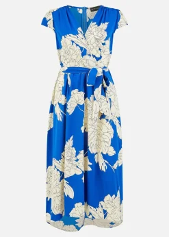 Yumi Blue Blossom Print Wrap Midi With Dipped Hem