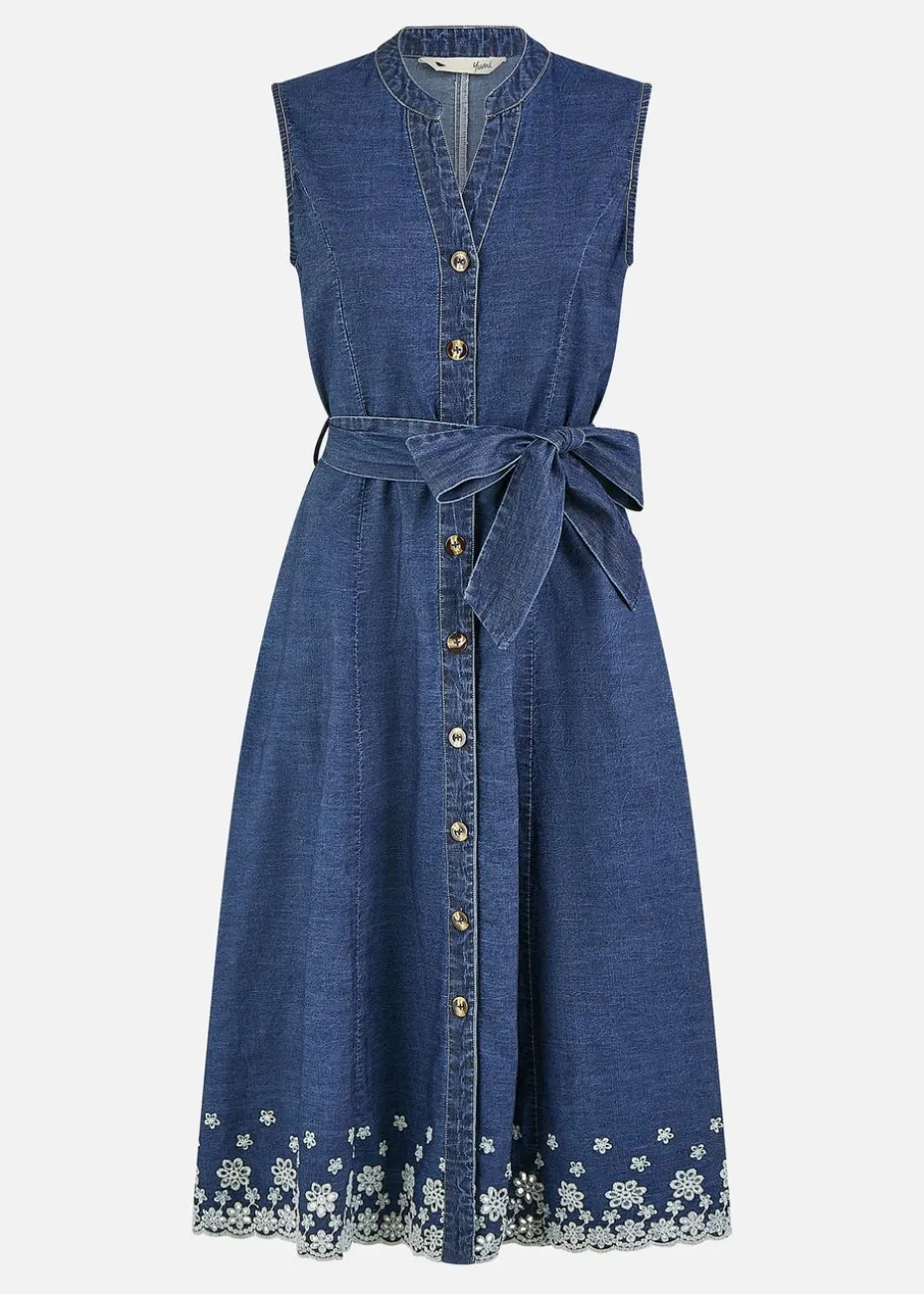 Yumi Blue Chambray Cotton Midi Embroidered Shirt Dress