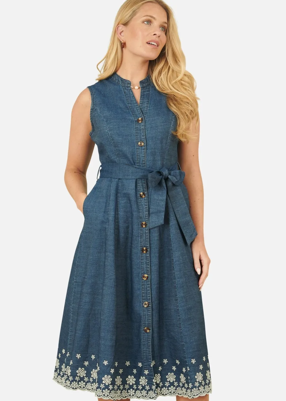 Yumi Blue Chambray Cotton Midi Embroidered Shirt Dress