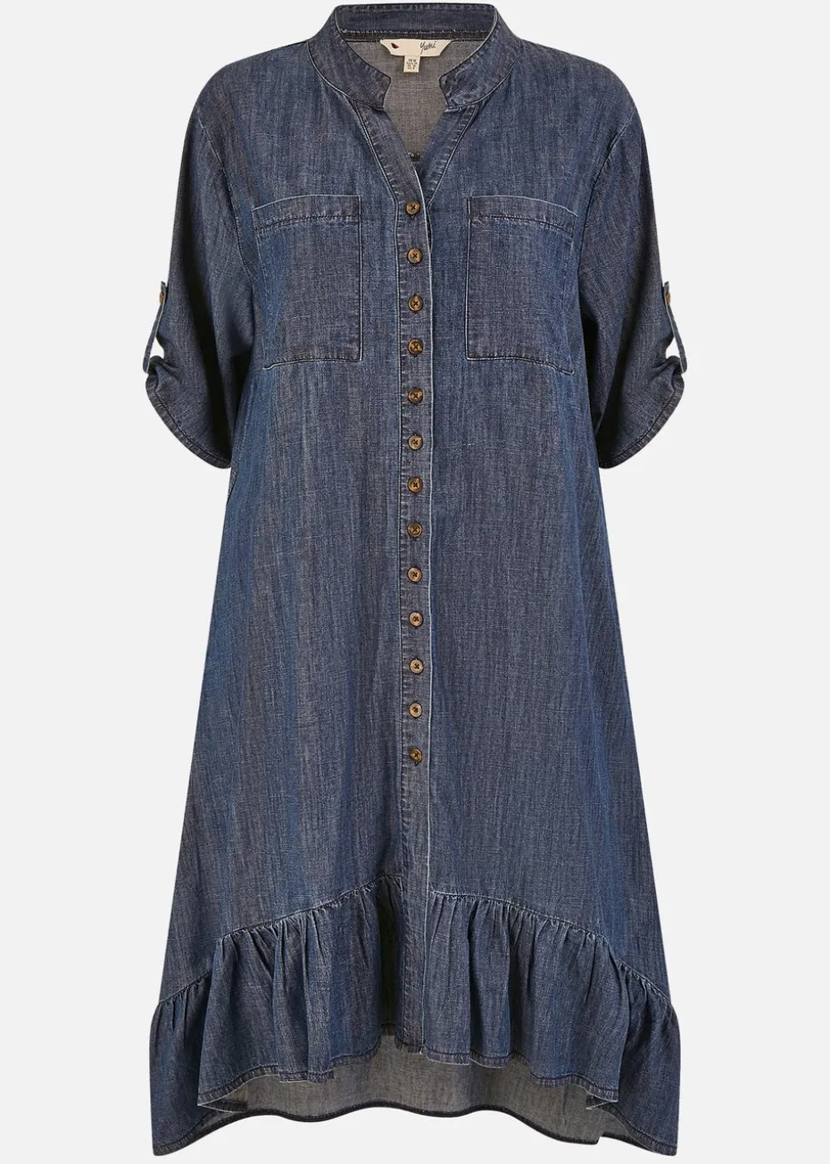 Yumi Blue Chambray Denim Dip Hem Relaxed Fit Shirt Dress