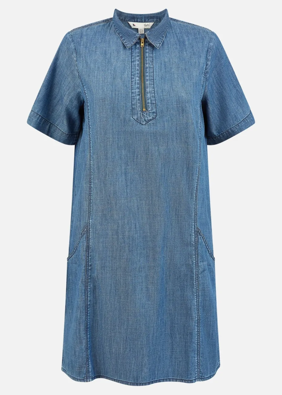 Yumi Blue Cotton Chambray Tunic With Zip Neckline