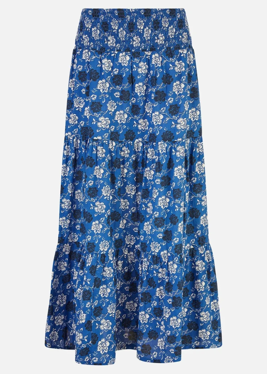 Yumi Blue Cotton Voile Floral Ruched Waist Midi Skirt
