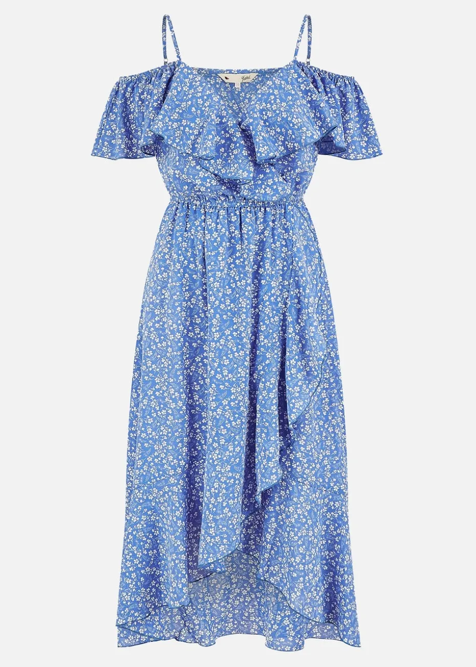 Yumi Blue Ditsy Print Bardot Midi Dress With Dip Hem