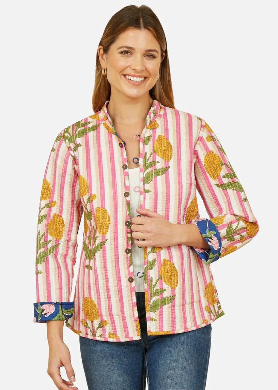 Yumi Blue Floral Reversible Cotton Quilted Jacket