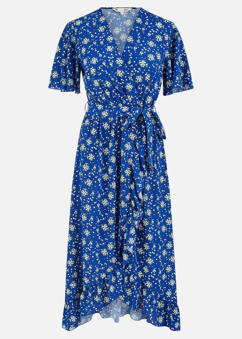 Yumi Blue Floral Wrap Dress With Frill Hem