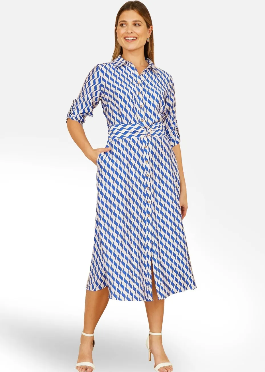 Yumi Blue Geo Swirl Print Midi Shirt Dress
