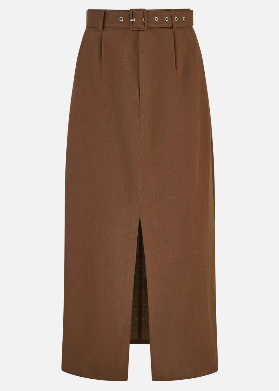 Yumi Brown Cotton Midi Skirt With Belt And Split Hem