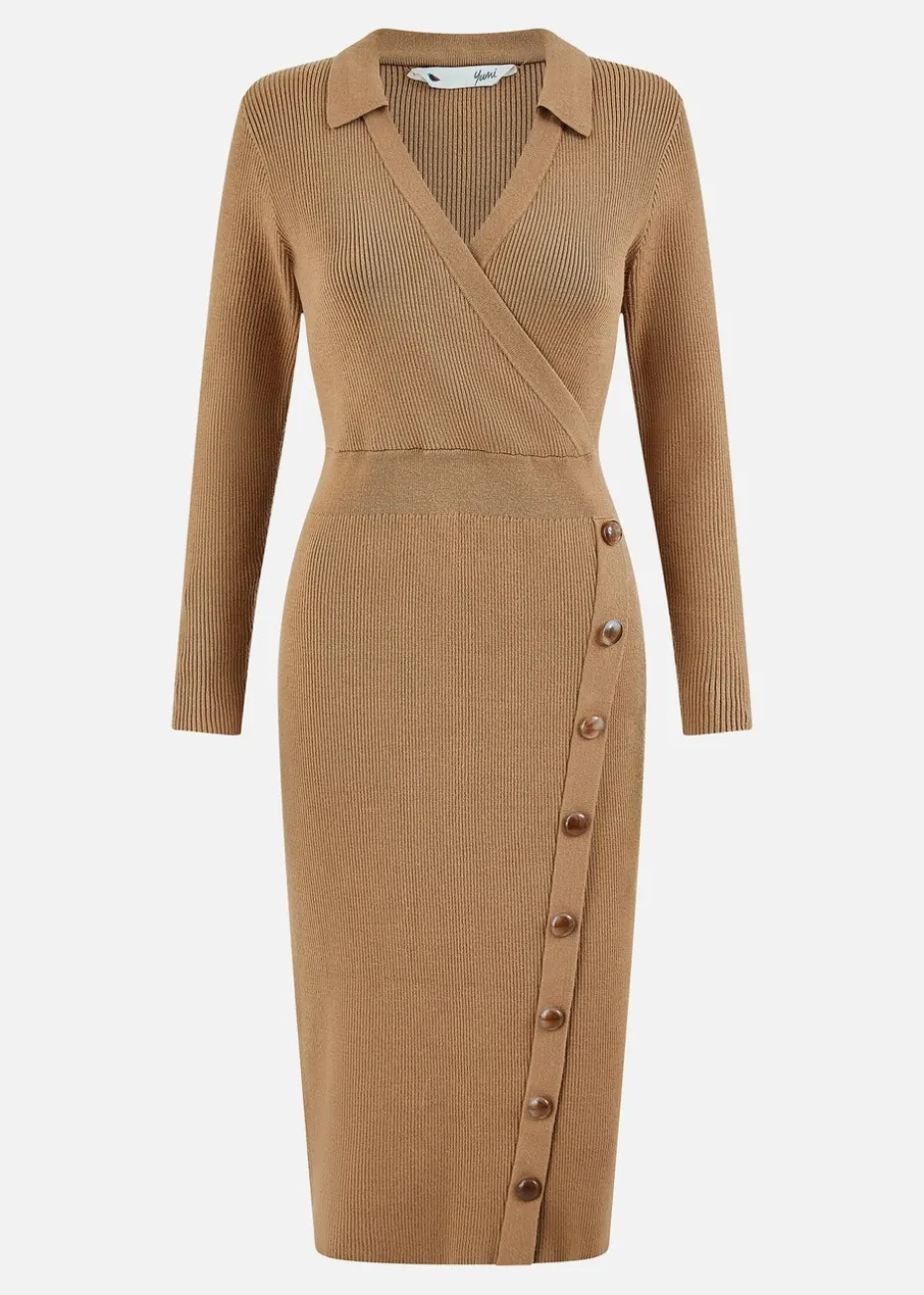 Yumi Brown Knitted Midi Dress With Asymmetric Button Details