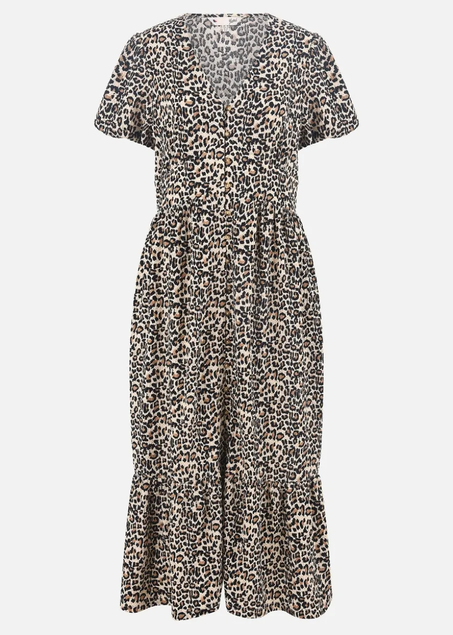 Yumi Brown Leopard Print Pleated Button Through Midi Dress