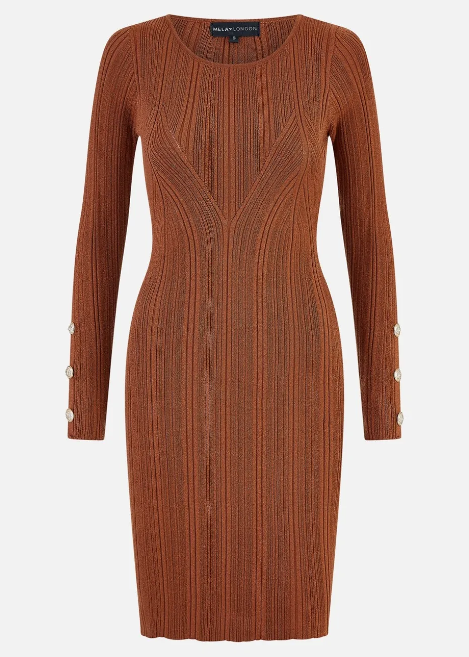 Yumi Brown Shimmer Fitted Midi Dress With Button