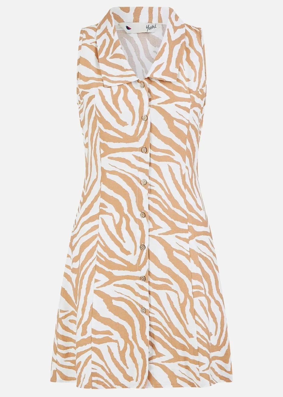 Yumi Brown Zebra Print Collar Sleeveless Shirt Mini Dress