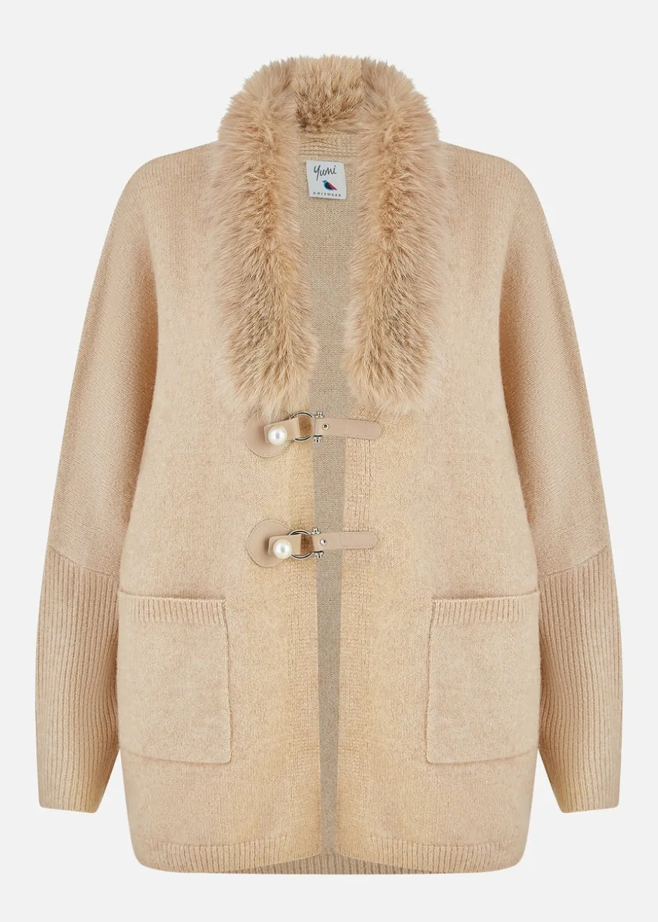 Yumi Camel Cardigan With Detachable Fur Collar Trim