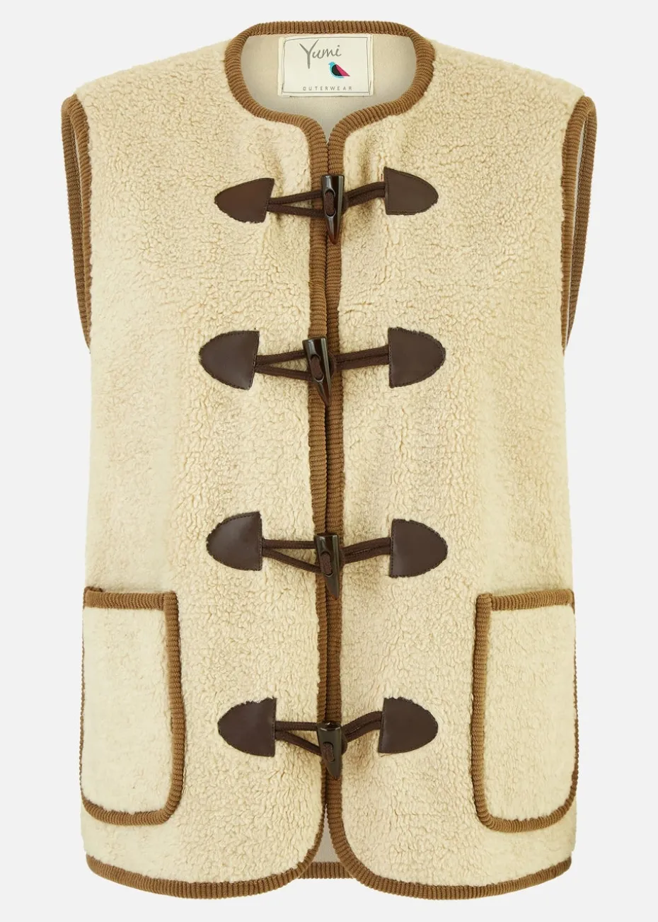 Yumi Cream Borg Gilet With Faux Leather Button Details