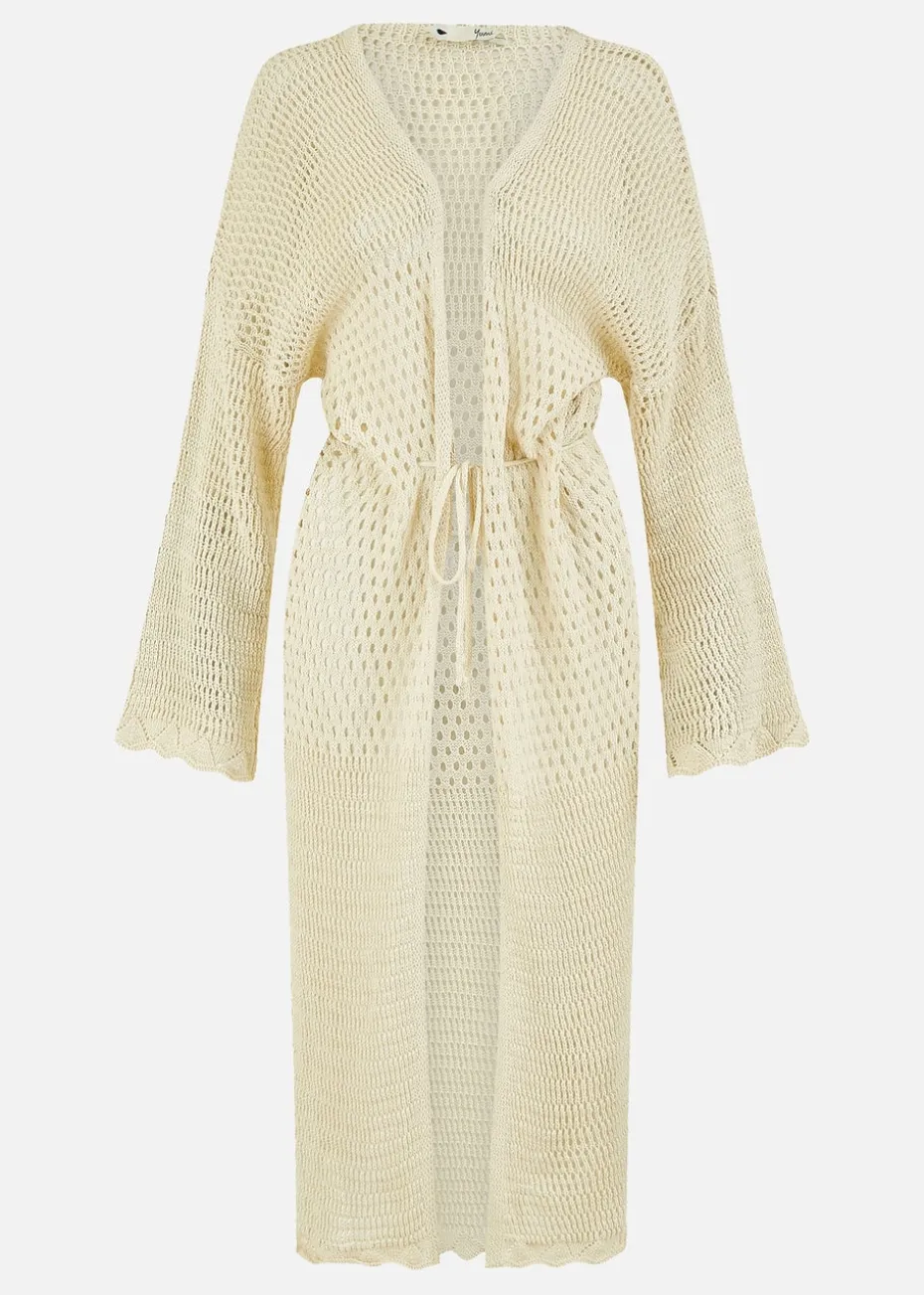 Yumi Cream Crochet Long Line Cardigan With Ties Front