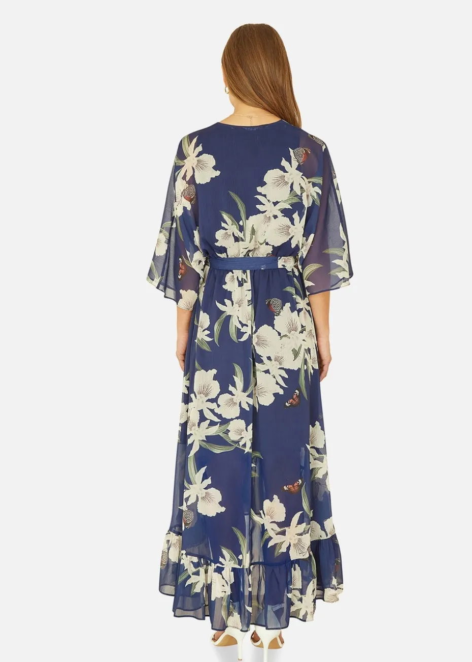 Yumi Floral Print Navy Kimono Midi Wrap Dress