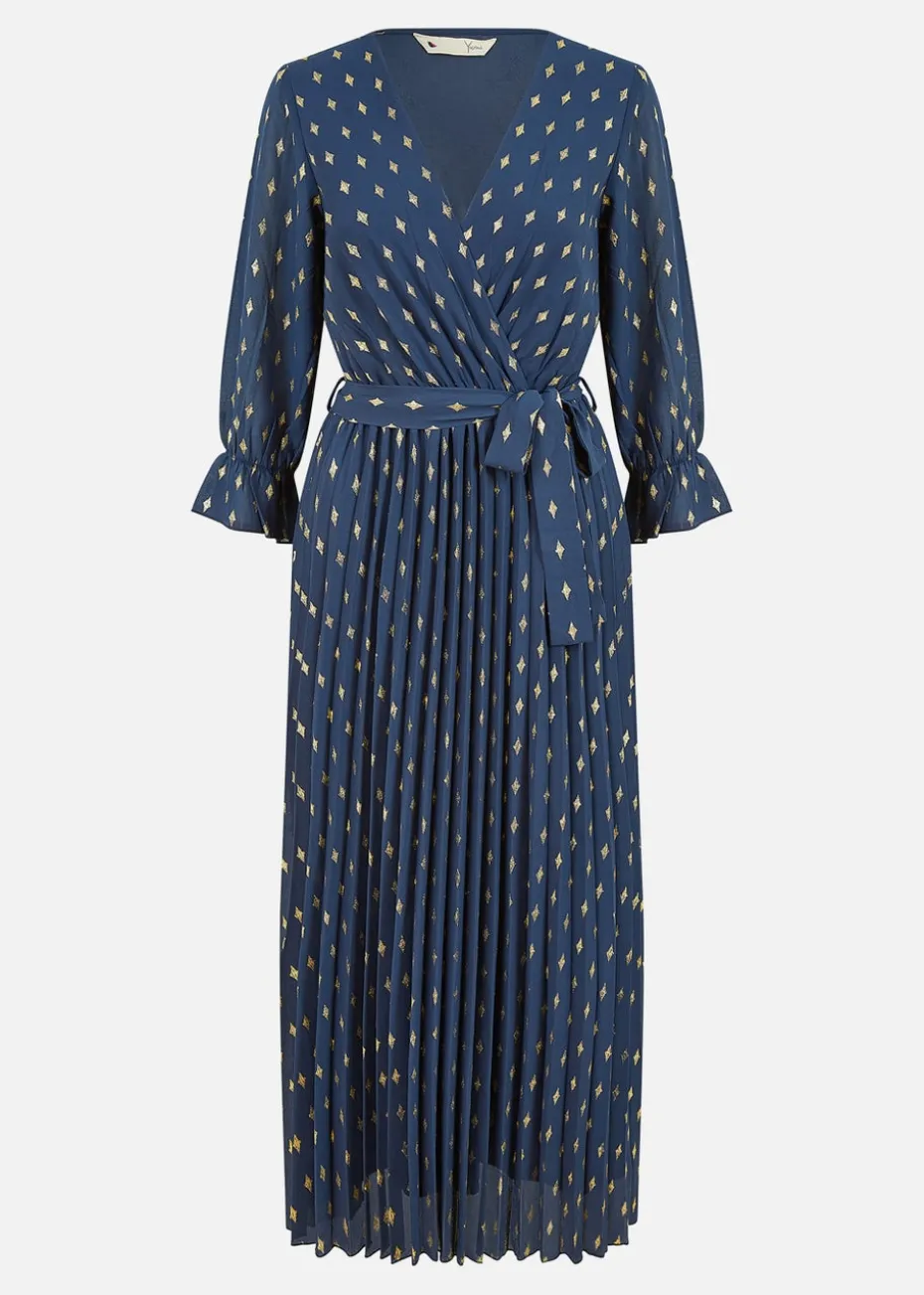 Yumi Foil Printed Pleated Wrap Midi Dress In Navy