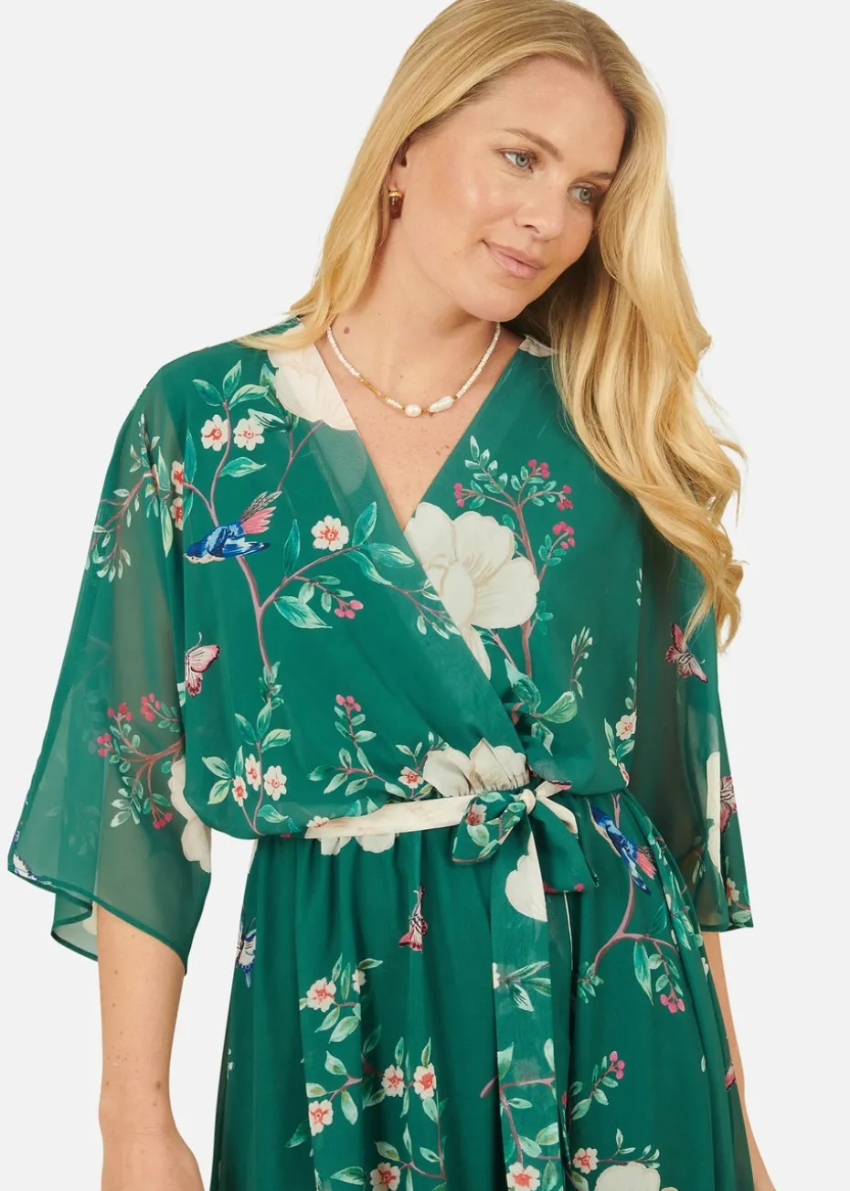 Yumi Green Bird & Floral Print Midi Wrap Dress