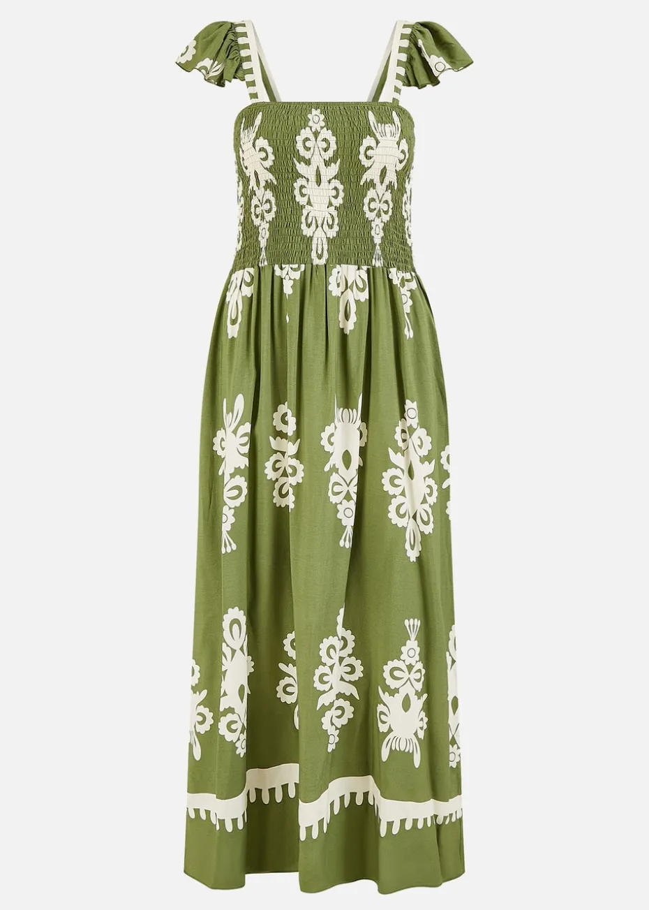 Yumi Green Block Print Ruched Maxi Dress