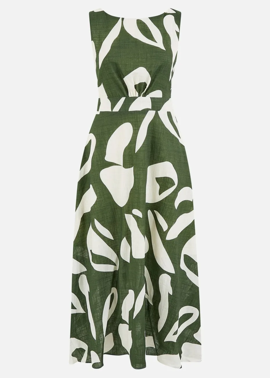 Yumi Green Cotton Abstract Print Maxi Dress With Tie Back