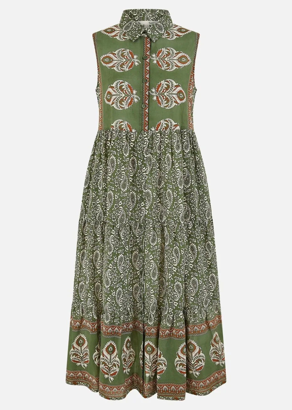Yumi Green Cotton Paisley Midi Sleeveless Shirt Dress