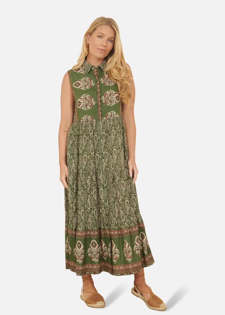 Yumi Green Cotton Paisley Midi Sleeveless Shirt Dress