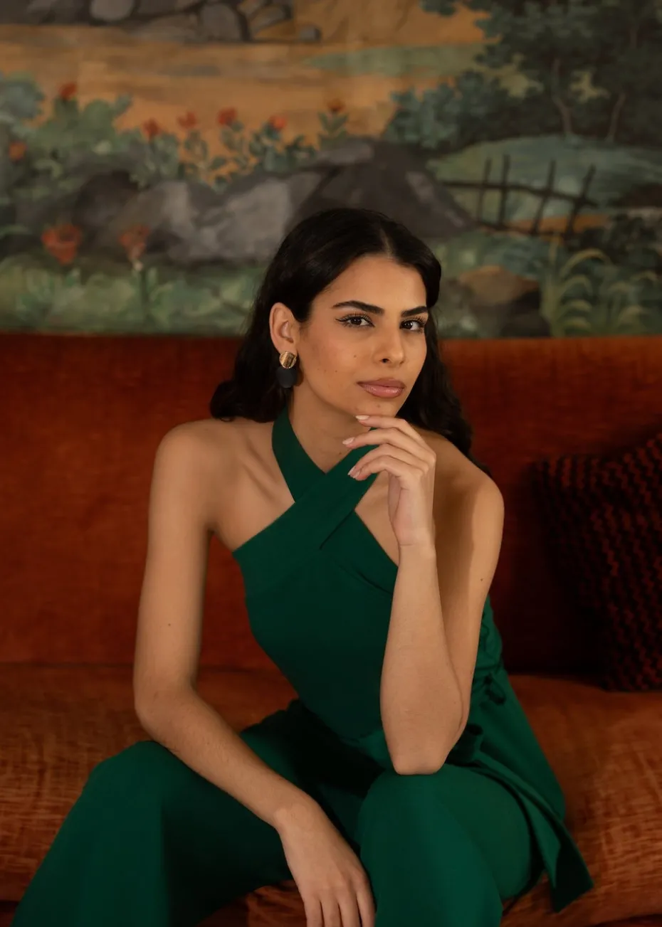 Yumi Green Cross Over Halter Neck Jumpsuit