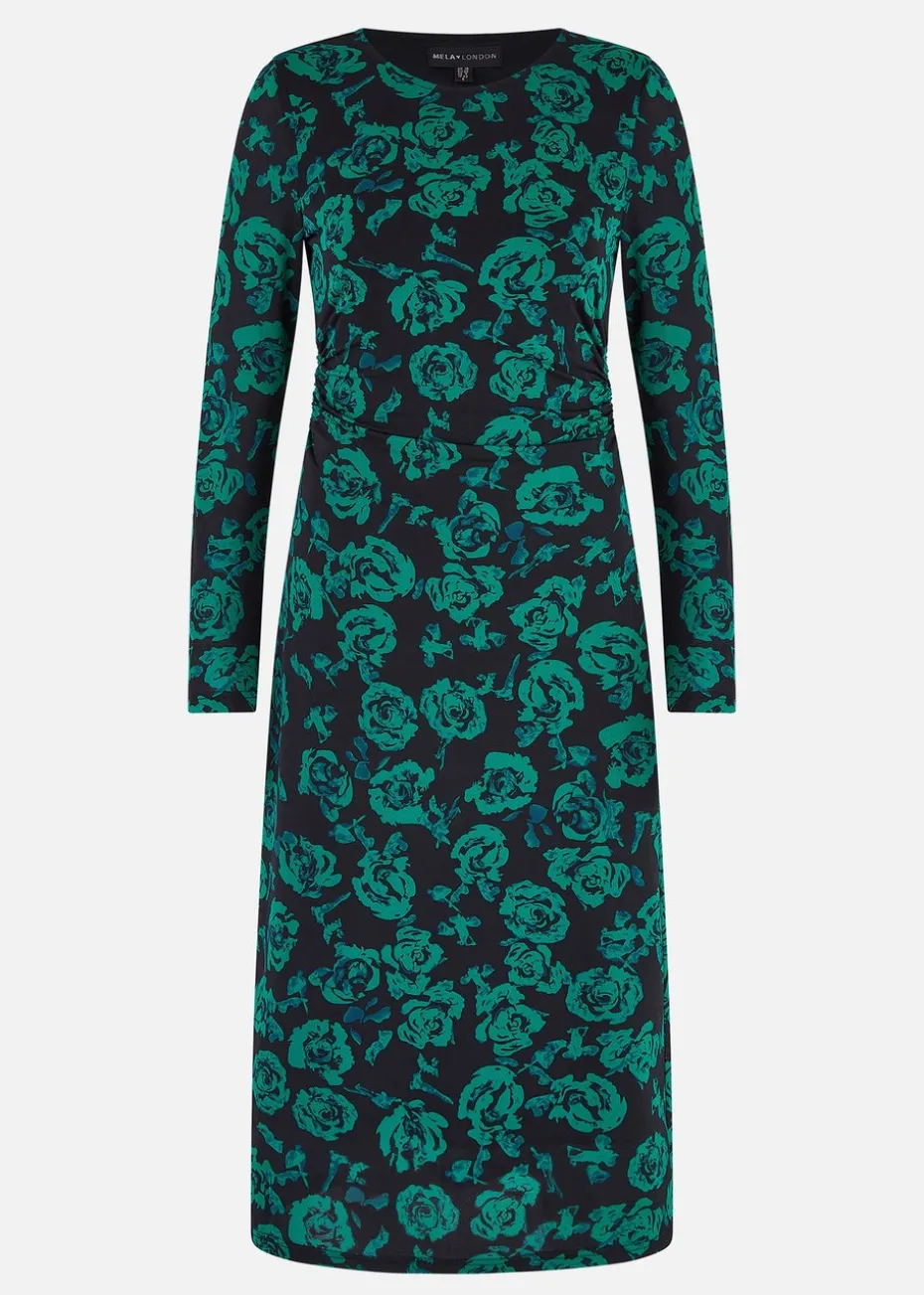 Yumi Green Floral Fitted Mesh Midi Dress With Long Sleeves