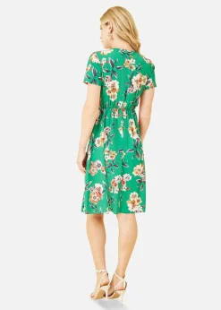 Yumi Green Floral Ruched Waist Dress