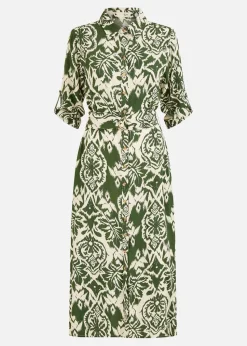 Yumi  Green Ikat Geo Print Midi Shirt Dress
