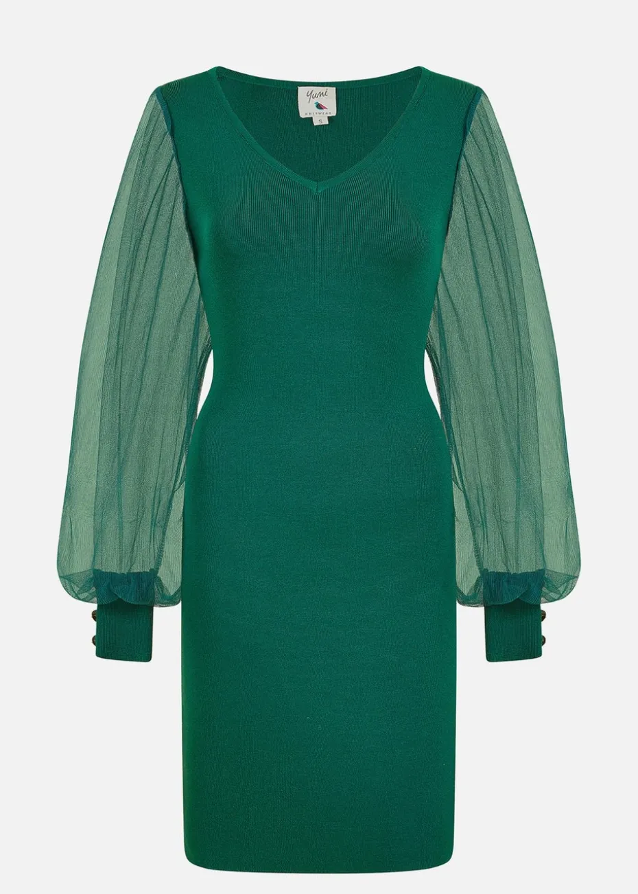Yumi Green Knitted Body Con Dress With Chiffon Sleeve