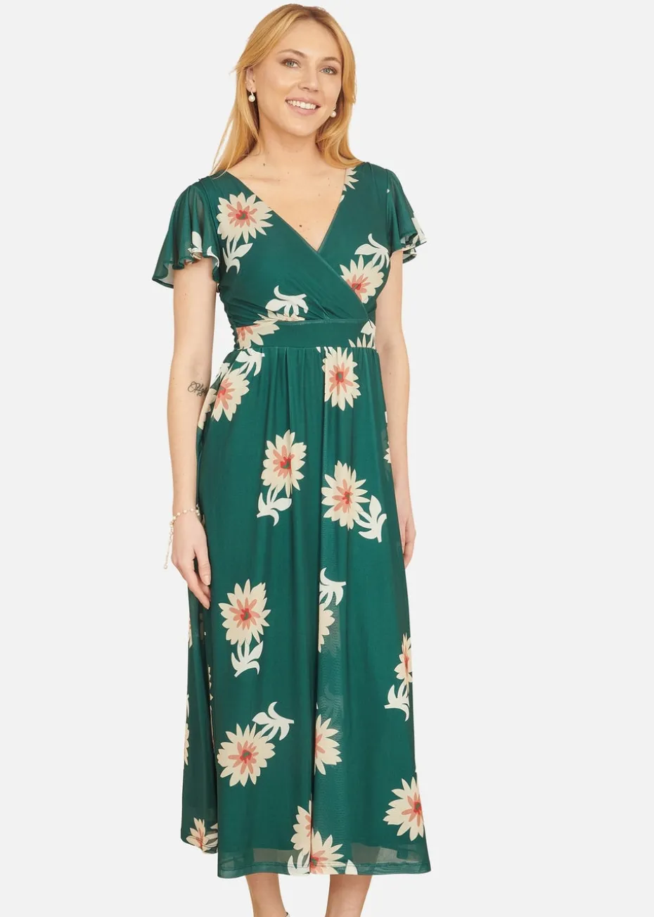 Yumi Green Mesh Flower Wrap Midi Dress With Pockets