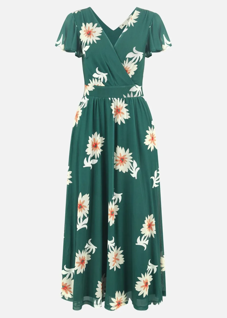 Yumi Green Mesh Flower Wrap Midi Dress With Pockets