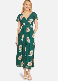 Yumi Green Mesh Flower Wrap Midi Dress With Pockets