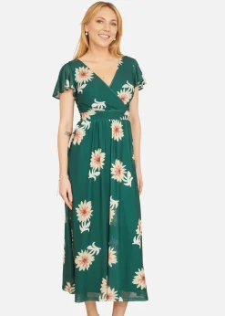 Yumi Green Mesh Flower Wrap Midi Dress With Pockets