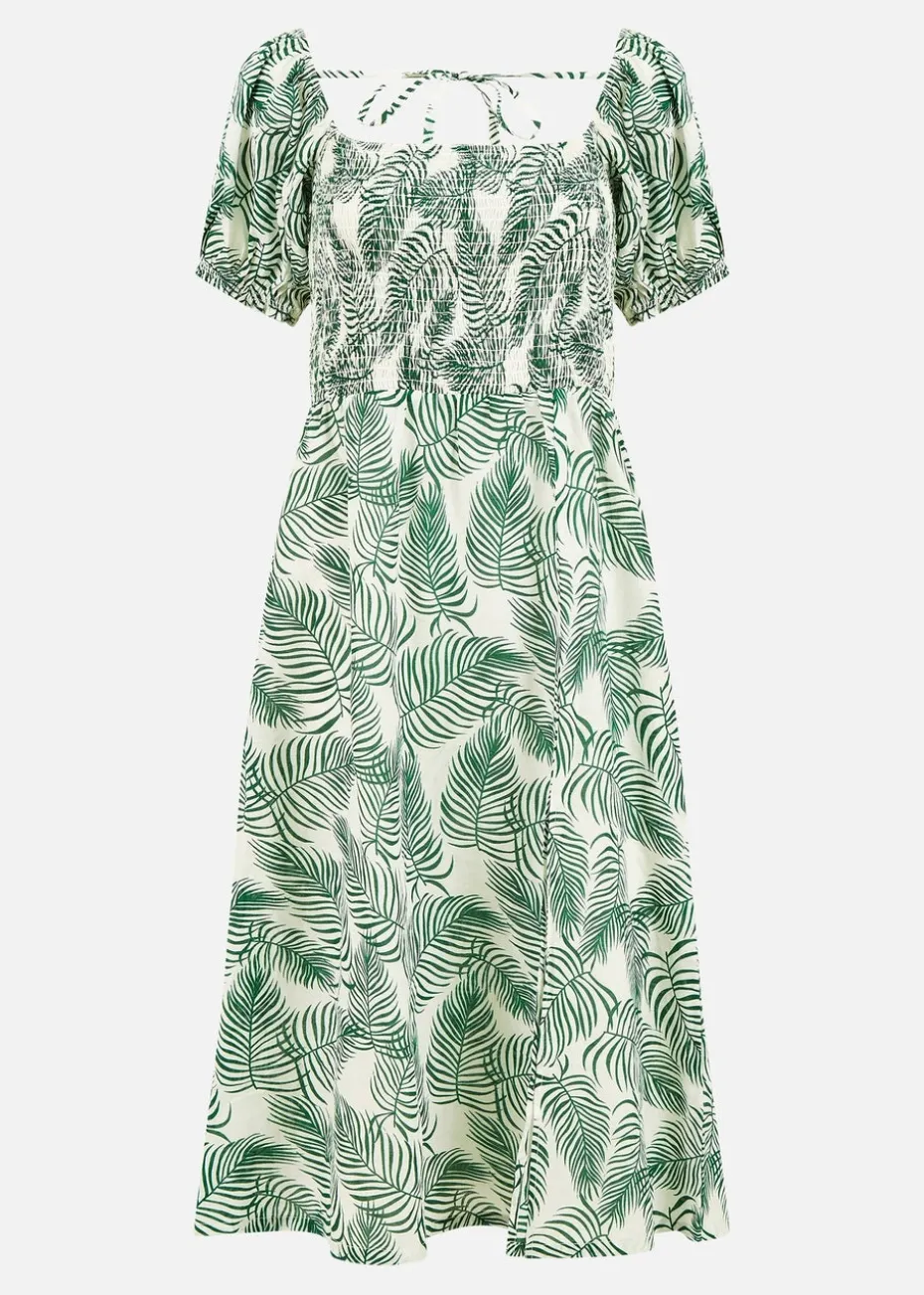 Yumi Green Organic Cotton Palm Print Midi Dress With Side Split