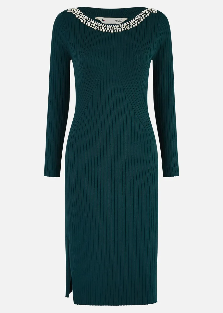 Yumi Green Pearl Neckline Fitted Midi Knitted Dress