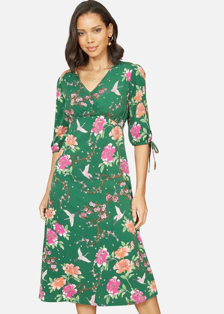 Yumi Green Recycled Crane Print Kimono Midi Dress