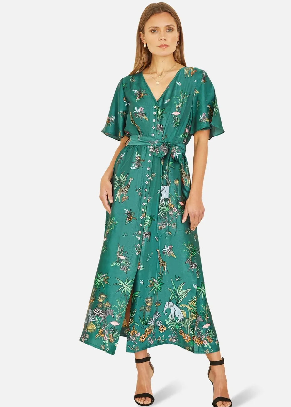Yumi Green Satin Animal Safari Print Midi Shirt Dress